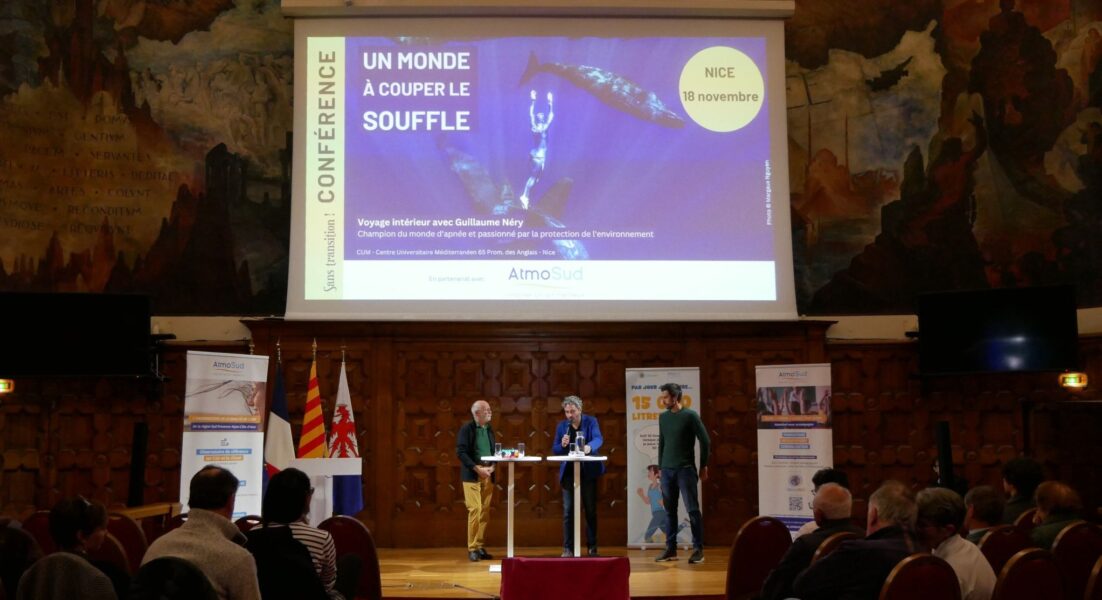 Le champion du monde d'apnée, Guillaume Néry a présenté sa conférence "Anatomie d'une plongée" le 13 novembre à Nice dans le cadre d'un partenariat entre AtmoSud et le média Sans Transitions ! Photo : P.B.