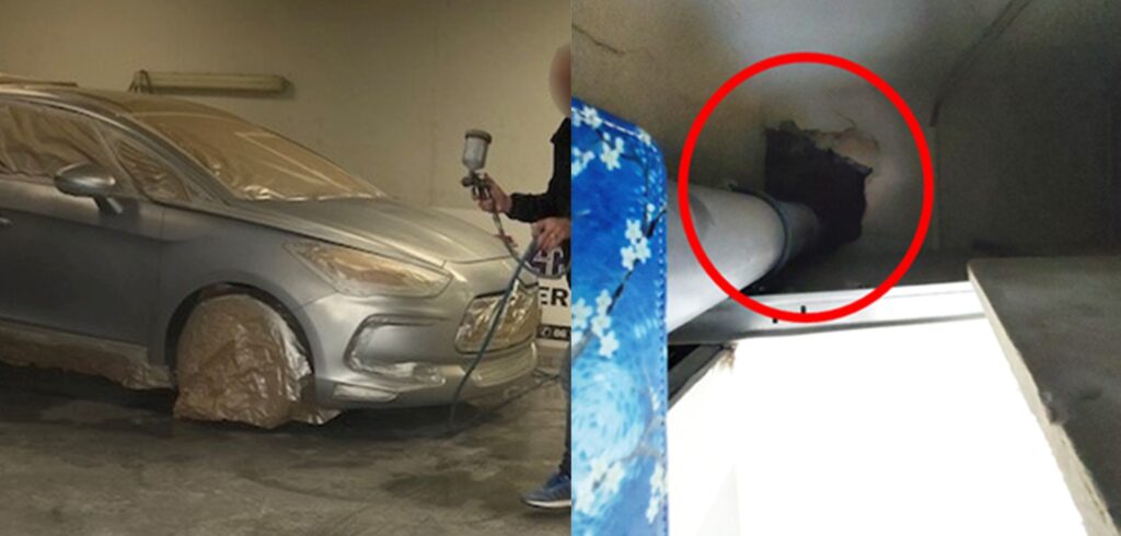 En l'absence de système de ventilation dans la carrosserie, les rejets toxiques de polluants se faisaient via un trou dans une cloison. Photo&nbsp;: AtmoSud