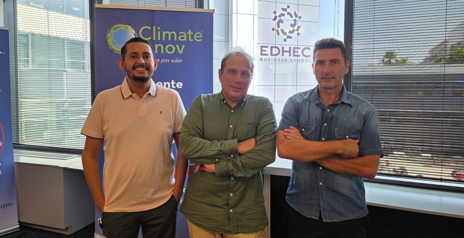 Les trois fondateurs de la start-up Climate Innov :  Ahmed El Fadhel, astrophysicien spécialisé dans les données satellitaires,  Pierre-Alain Revelat, ancien directeur de la communication à Sophia Antipolis, et David Clares, ex-commandant officier du service départemental d’incendie et des secours des Alpes-Maritimes (SDIS 06). 