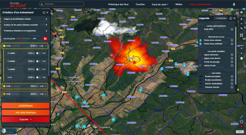A partir du contour du feu de départ, le dispositif Secu Fire Action met 5 minutes pour établir la propagation du feu de forêt sur une durée de 36 heures. Photo : Capture d'écran SecuFire Action.